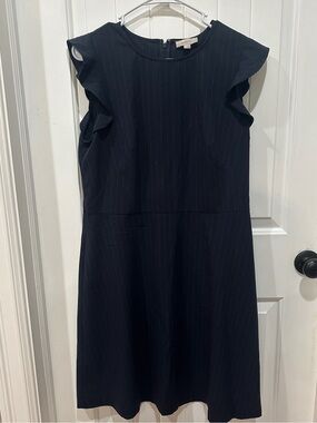 LOFT Navy Pinstripe Midi Dress with Ruffle Sleeves